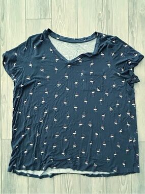 Market & Spruce Navy V-Neck Tee with Flamingo Print